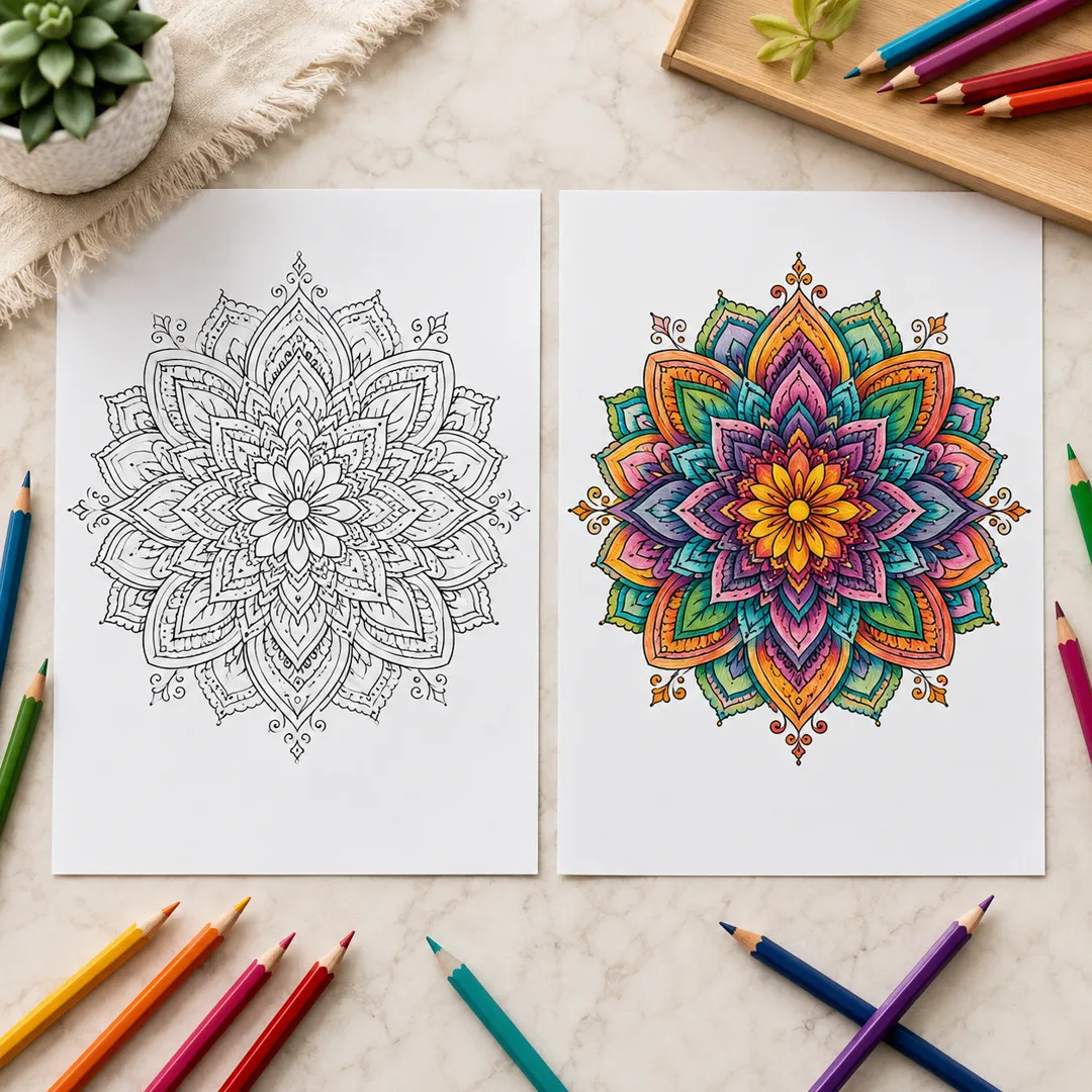 Mandala antes y después de colorear